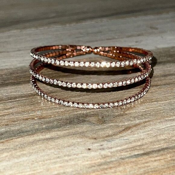 Rhinestone Pave 3 Row Flexible Bangle Bracelet Rose Gold Tone Classic Layered - Picture 1 of 6